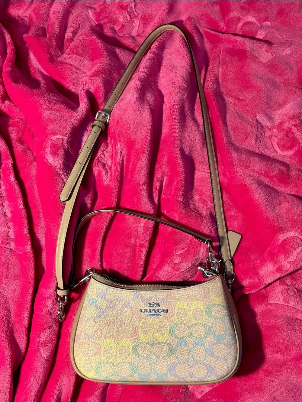 Coach rainbow Pastel Multicolor Signature Shoulder Bag with Tan Trim